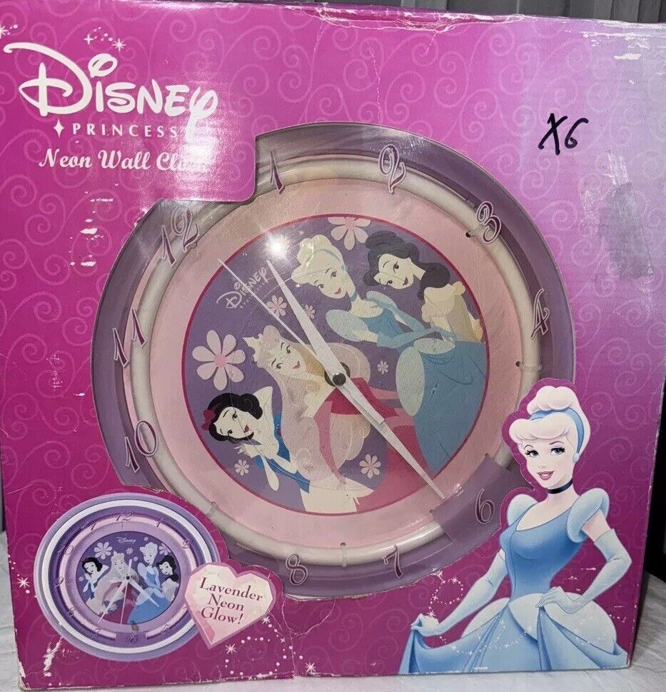 RARE 2005 Disney Princess Neon Light Wall Clock Pink/Lavender Glow New in Box