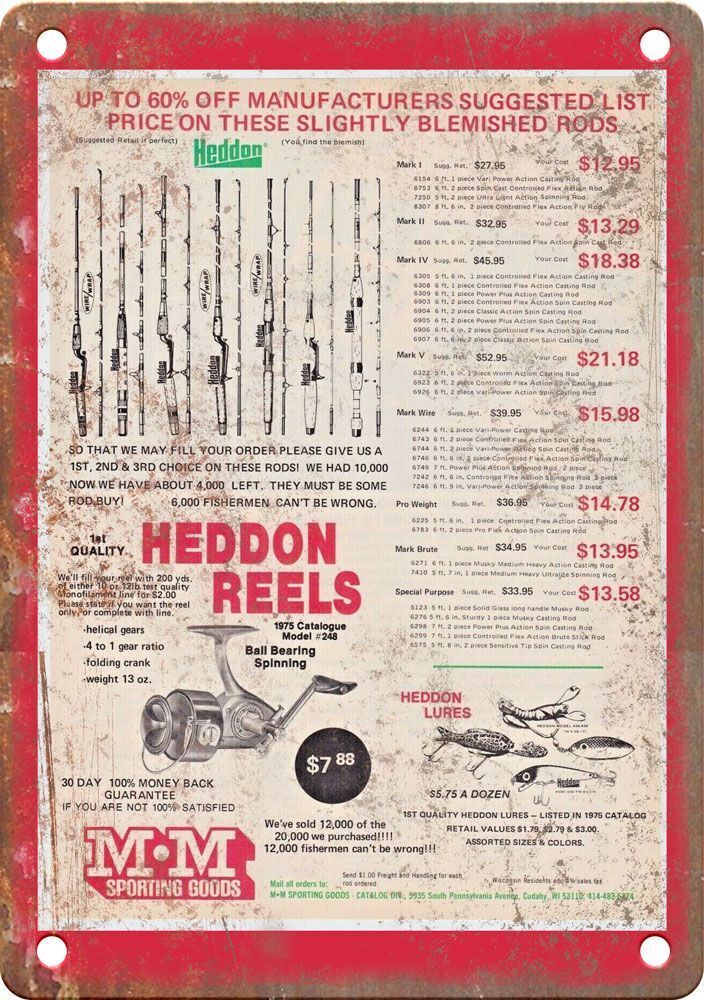 Vintage Fishing Heddon Reels Ad Reproduction Metal Sign FF41