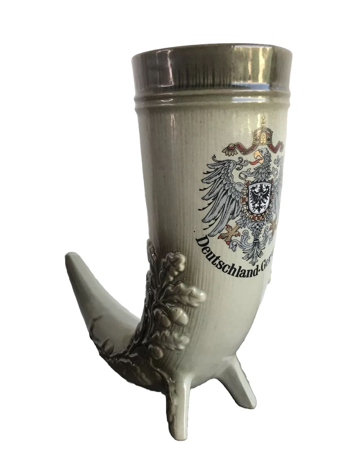 Vintage Made In Germany Beer Horn Stein 8” Tall Deutschland Eagle Crest
