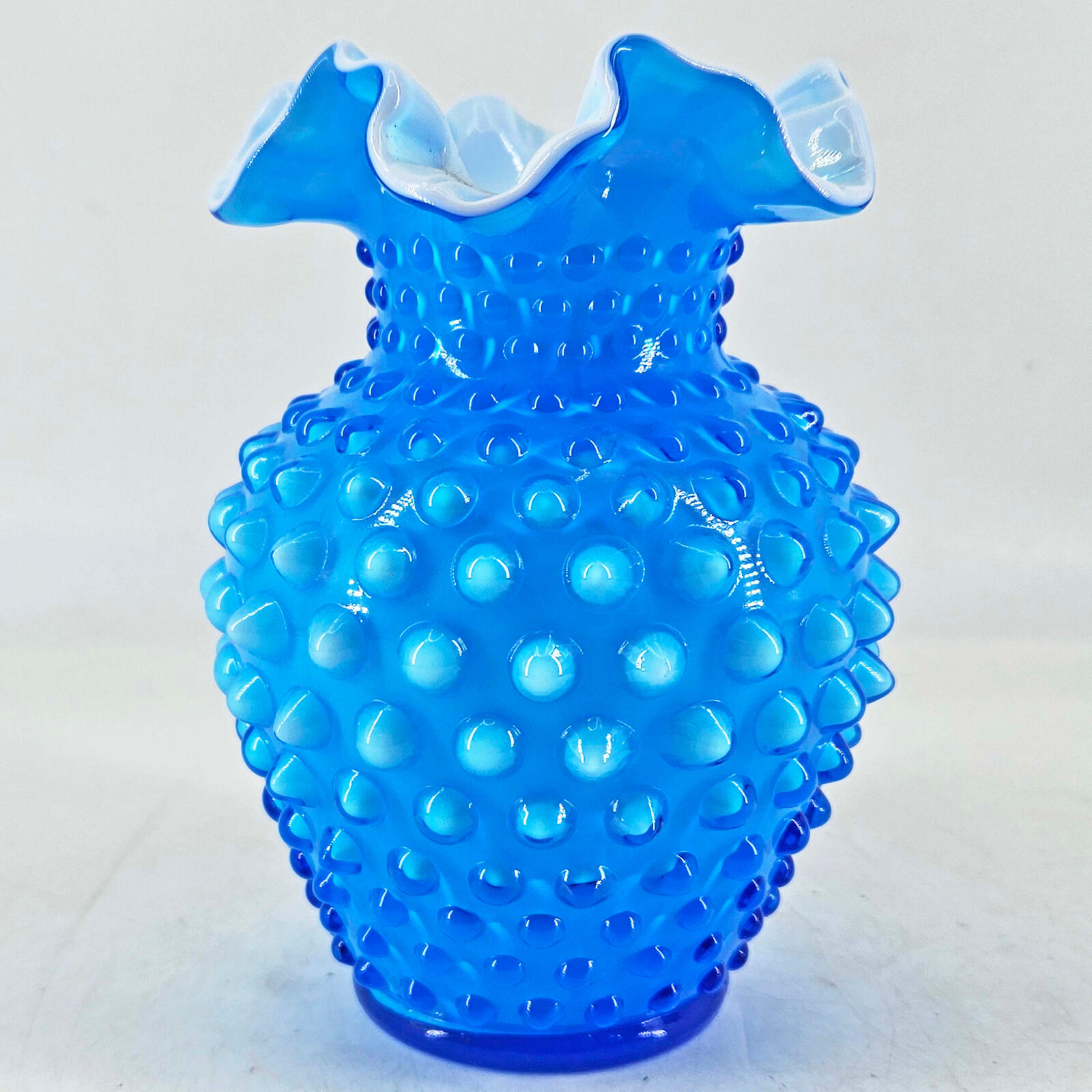 Fenton Opaque Blue Overlay Cased Glass Hobnail Vase