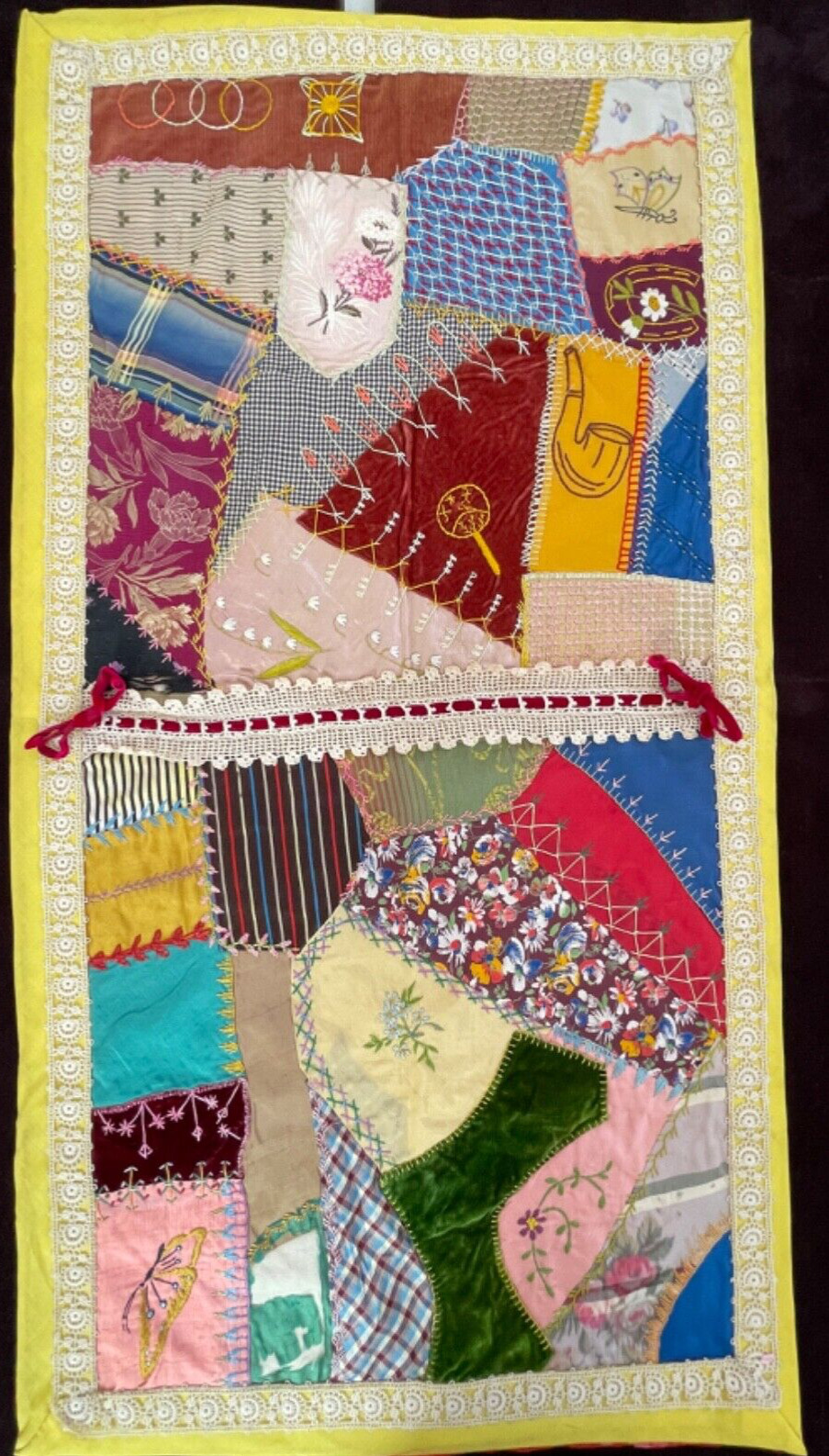 Antique Handmade Crazy Quilt Panel Wall Hanging YY896