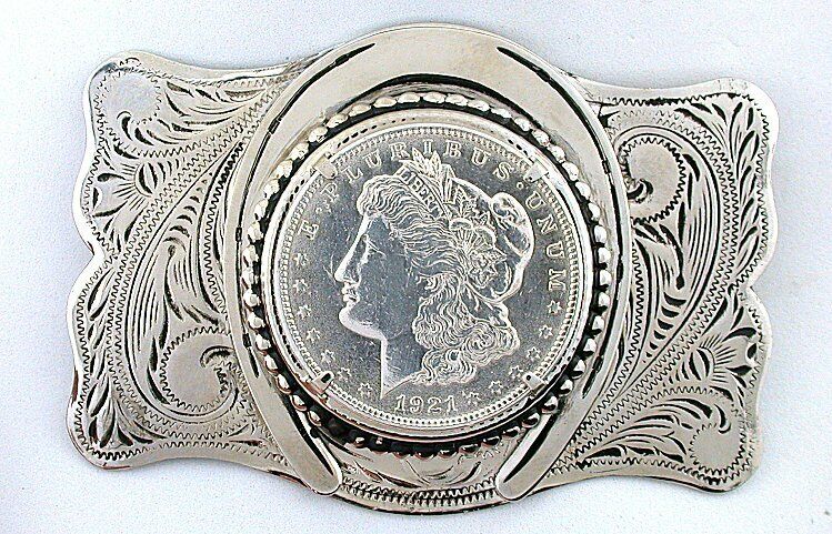 Silver Color Southwest Western 1921 Morgan Silver Dollar Horseshoe Belt Buckle