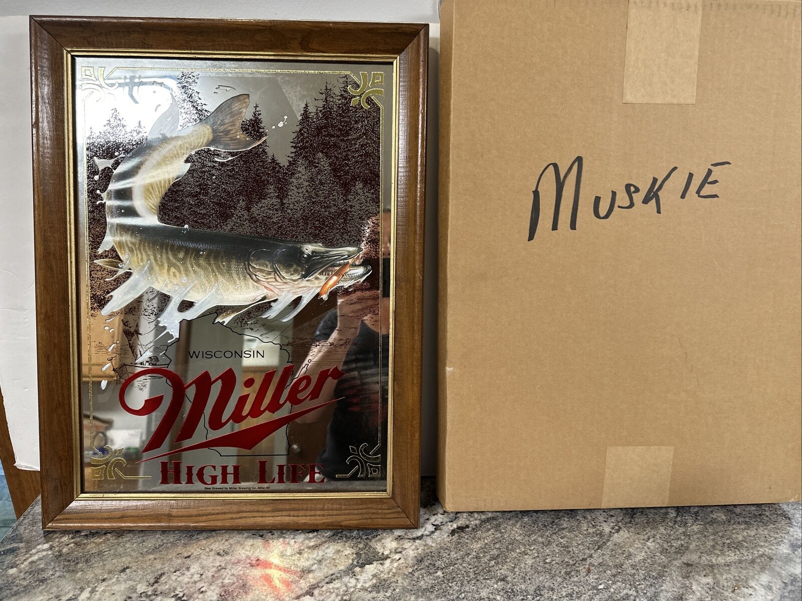 Vtg Miller High Life Beer Mirror MUSKIE Fishing Sign Wisconsin RARE 1st Edition