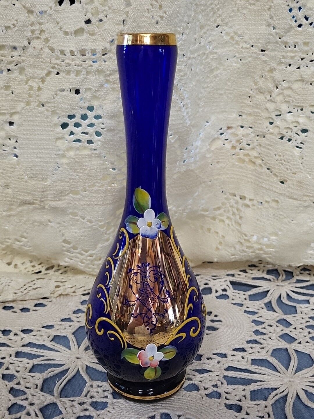 Bohemian Cobalt Blue Hand Painted Gold Floral Enamel Art Glass Bud Vase