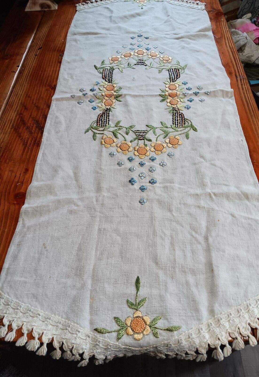 Vintage Embroidered Table Runner Linen With Flowers