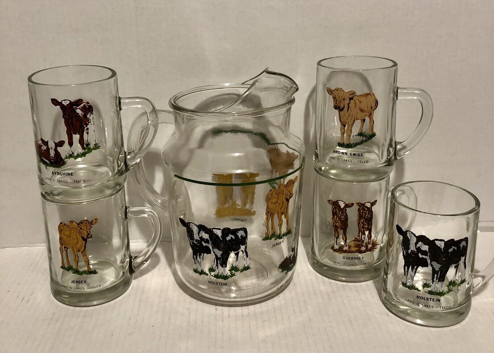 RARE Vintage Advertising LAND O LAKES Clear 5 GLASS MUGS and PITCHER Calves 