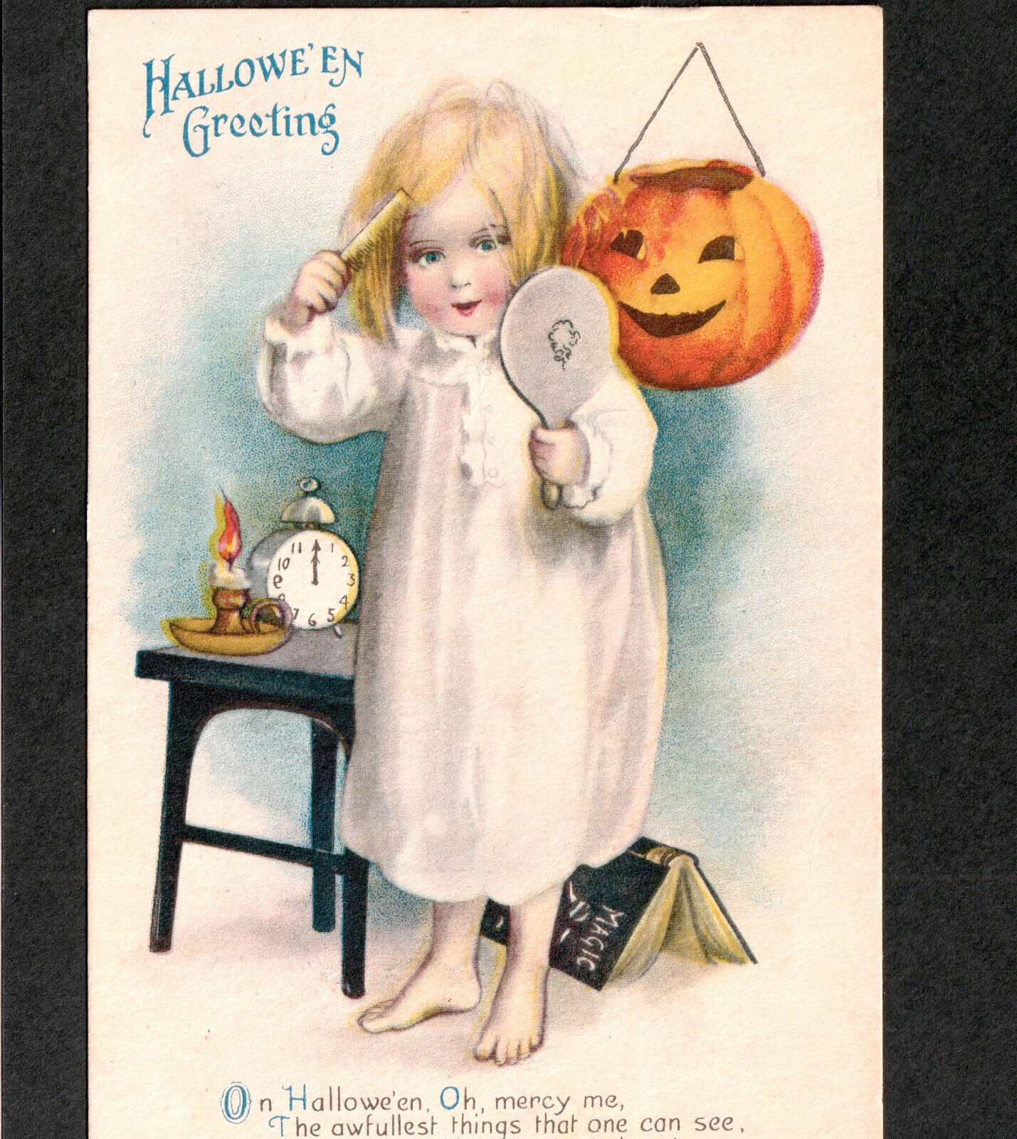 Black Magic Book Halloween Greeting Clapsaddle Wolf No 1 Girl w/ Mirror PostCard