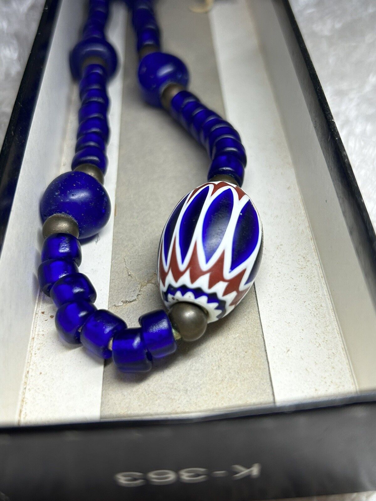 Antique Venetian Chevron 6-Layer 1 Bead Necklace w/Bohemian Blue Beads, 1700's