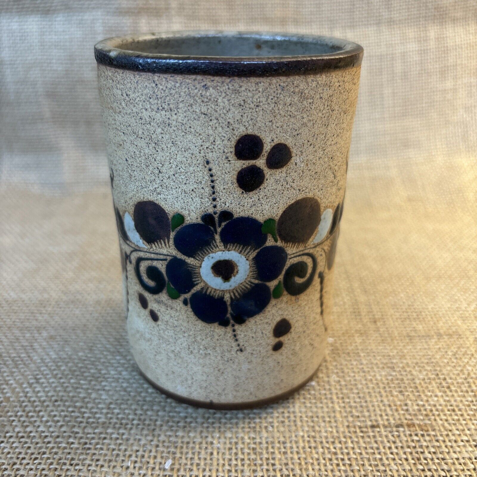 Mexican Art Pottery Vase Sandstone Cobalt Blue Flowers Ferns Netzi Mexico