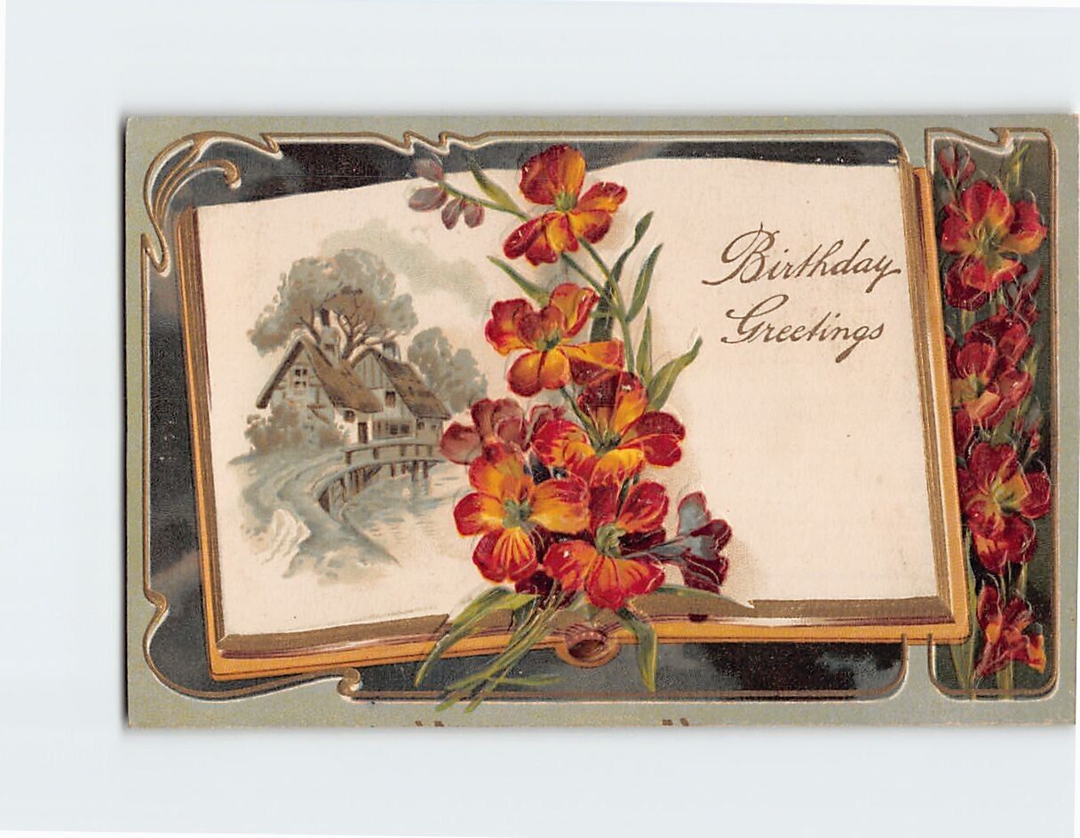 Postcard Birthday Greetings Homestead & Flower Art Print Embossed Card