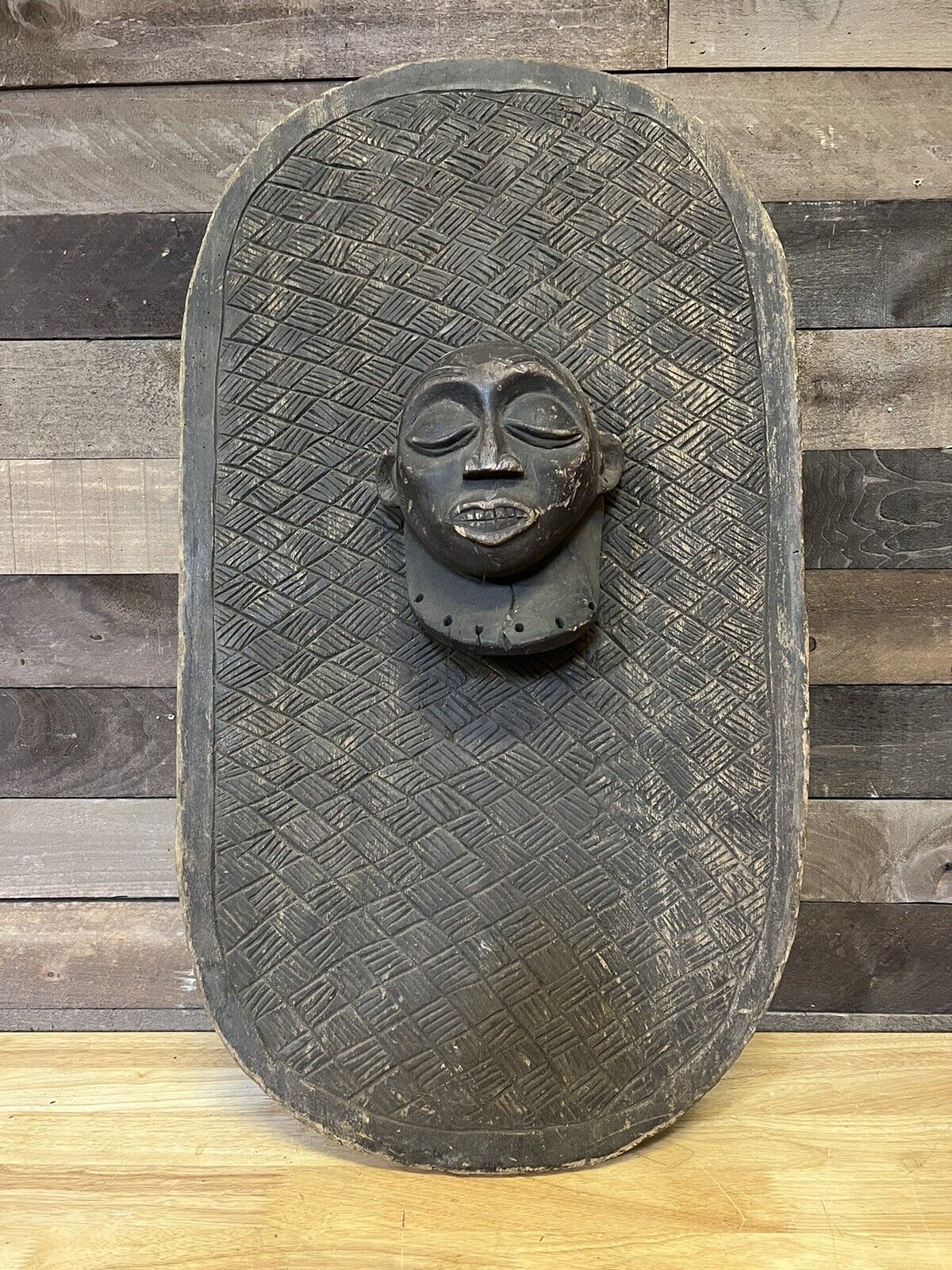 Antique 33” x 18” African Art Tschokwe Style Wooden Shield