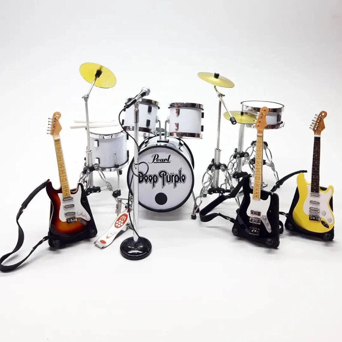 Miniature Drum Set White 3 Guitar Mic Exclusive Band Gift Display Scale 1:12
