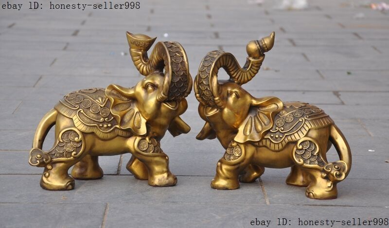China fengshui Brass wealth Yuanbao Money Gourd Auspicious Elephant statue pair