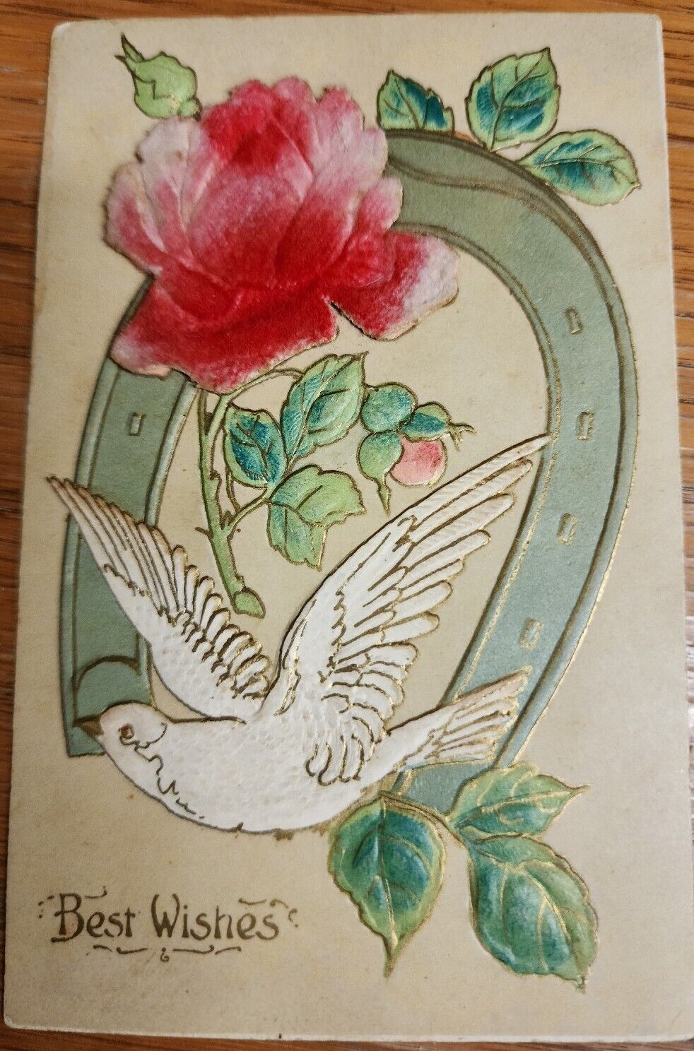 Germany Postcard 1911 Embossed Flocked Rose horse shoe Dove Bird bestWishes Gold