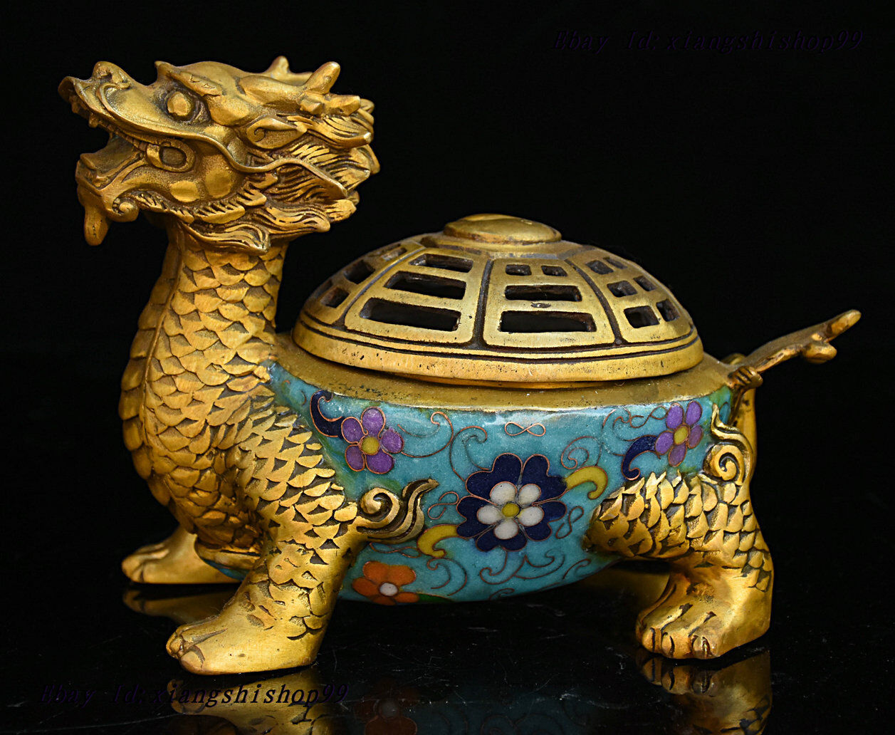 China Bronze Gilt Cloisonne Dragon Turtle Tortoise Statue Incense Burner Censer