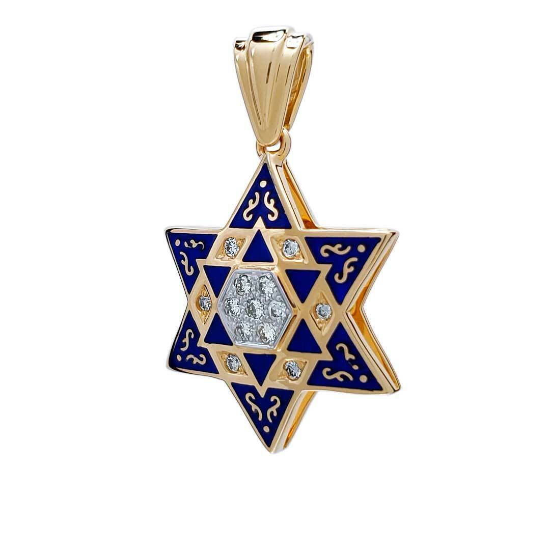 Magen David Star of David Gold 14K Diamonds with Blue Enamel Jewish Small