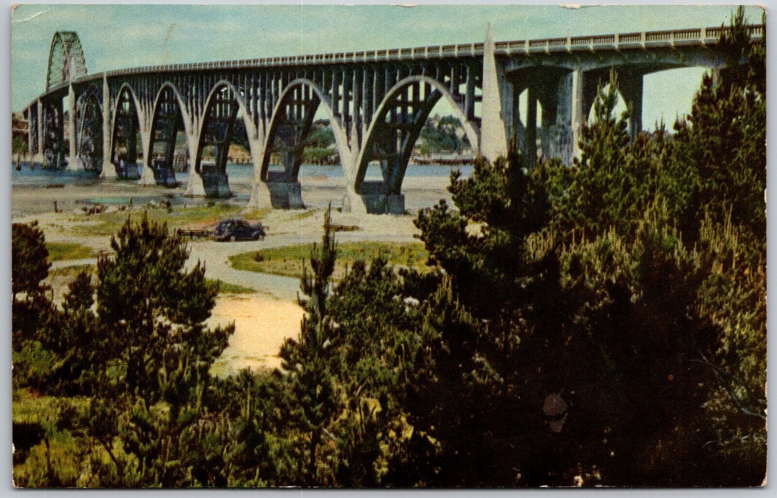 Newport OR Yaquina Bay Bridge Highway 101 Union Oil 76 Gasoline Postcard oregon