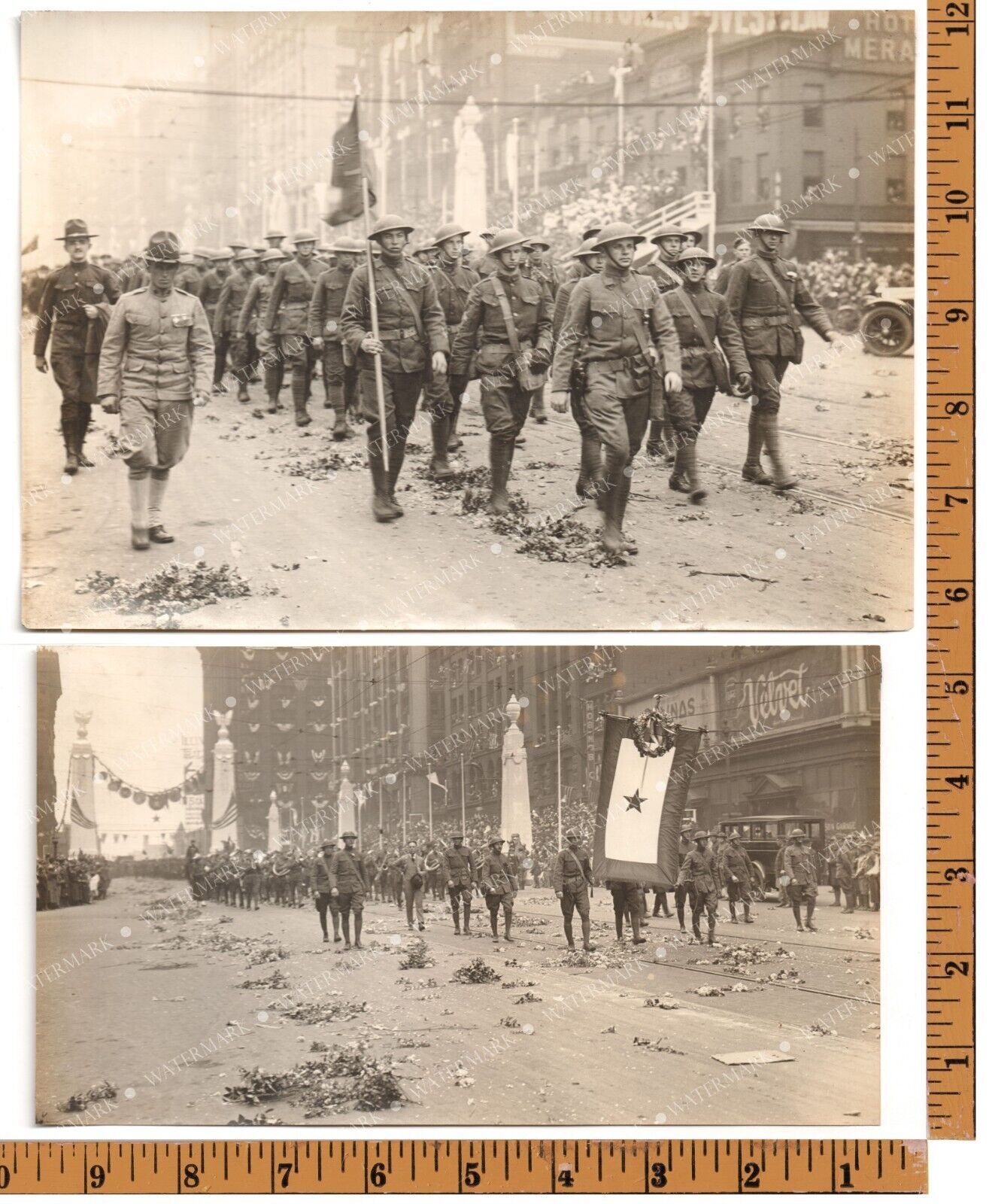 1919 WWI 2-Original Photos of US SOLDIERS MARCHING in a ST LOUIS VICTORY PARADE
