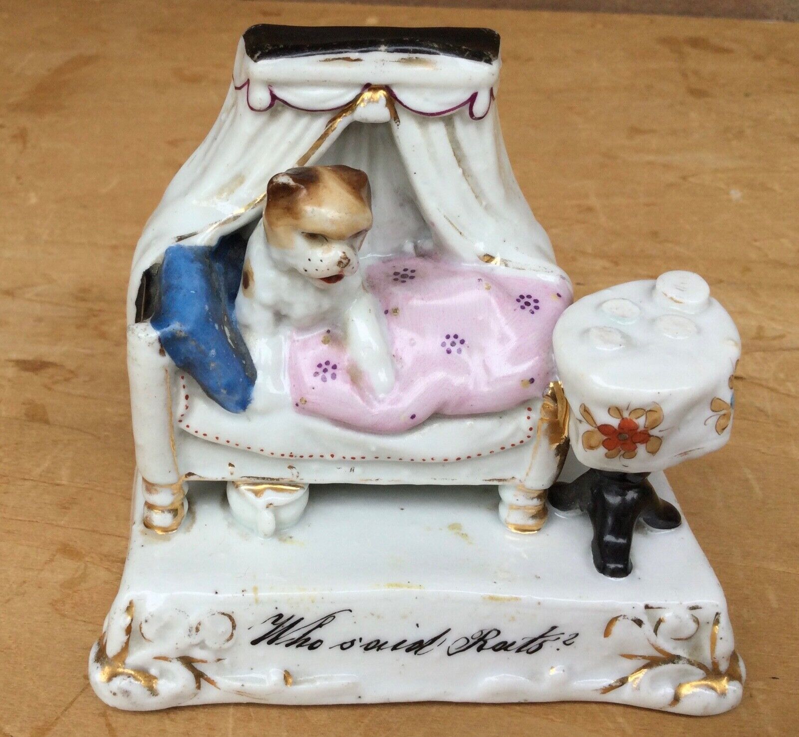 Antique German Porcelain Rat Terrier Fairing Figure Group, Dog in Bed