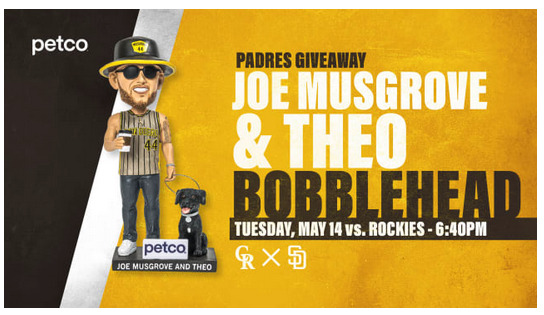 FAST SHIP Joe Musgrove Theo Bobblehead San Diego Padres May 14 24 SGA