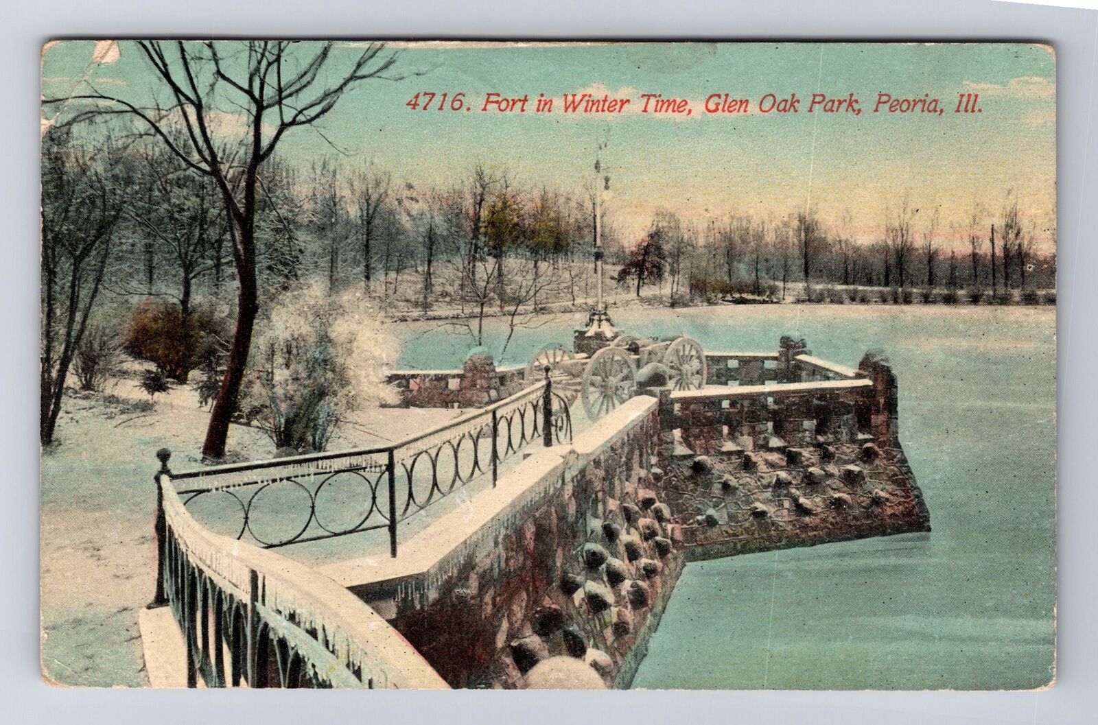 Peoria IL-Illinois, Fort In Winter Time, Glen Oak Park, Vintage c1914 Postcard