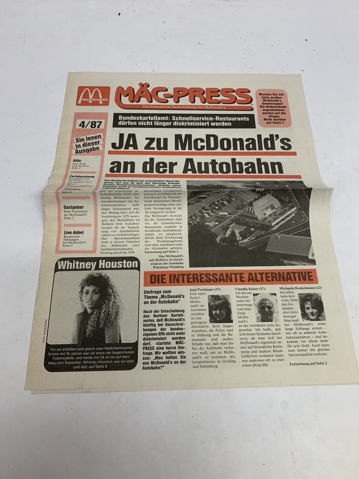 Vintage Rare April 1987 McDonald’s German Mac Press Newspaper Whitney Houston