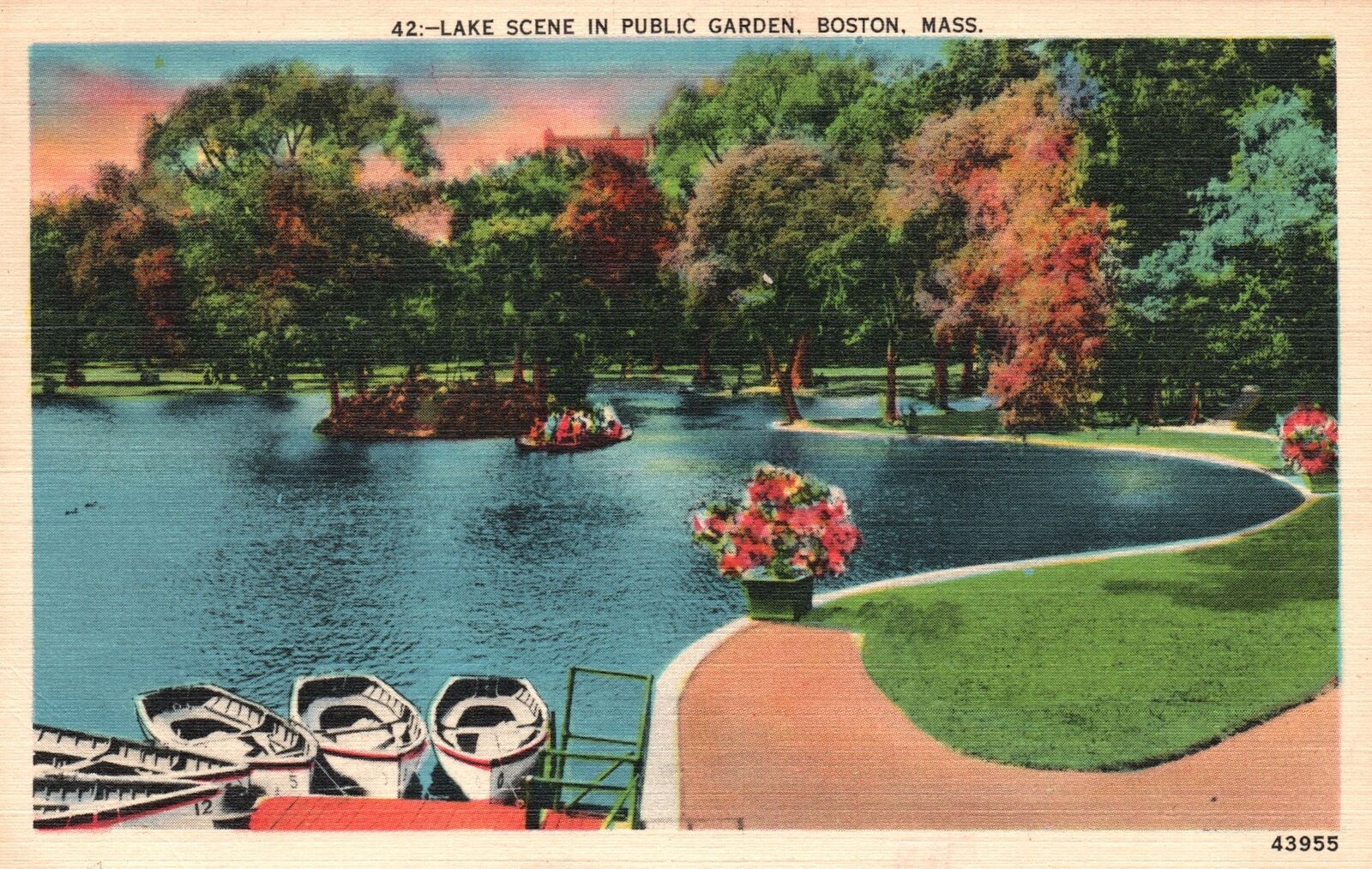 Boston MA-Massachusetts, 1942 Lake Scene in Public Park Garden Vintage Postcard