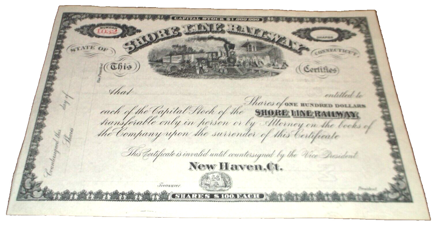1864 SHORE LINE RAILWAY UNUSED CAPITAL STOCK CERTIFICATE NEW HAVEN RAILROAD