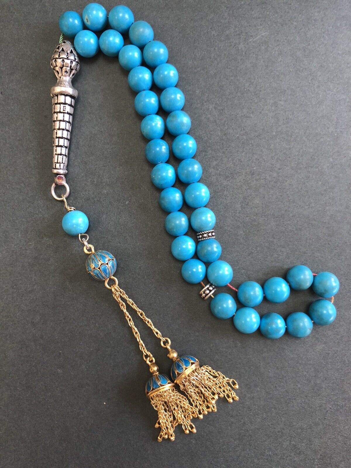 Antique Turquoise  Blue Black Prayers Beads 35 Beads Rosary Very Rare 43g R