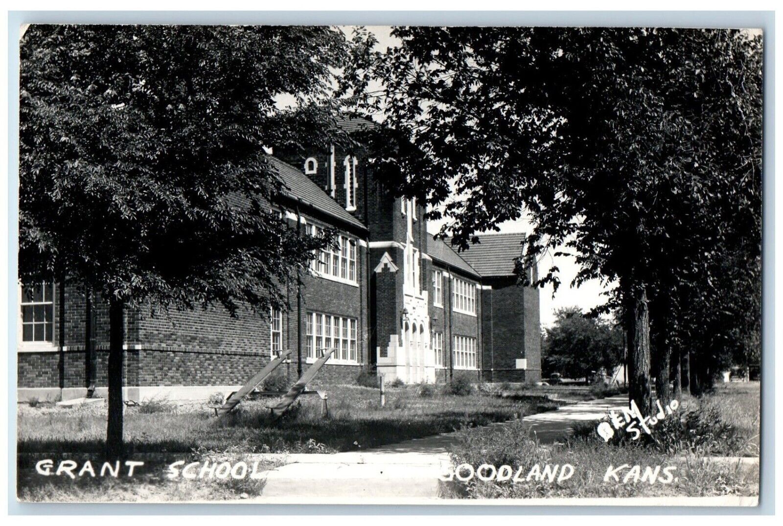 Goodland Kansas KS Postcard RPPC Photo Grant School Building c1940's Vintage