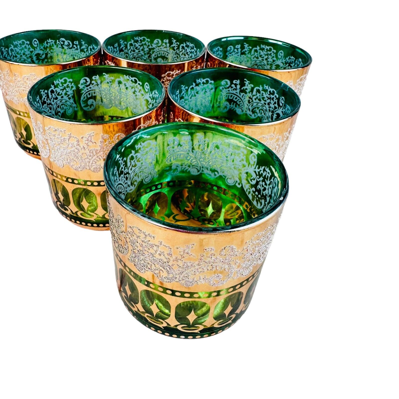 vtg emerald green & gold emboassed glasses set of 6 Tumbler mcm mod retro Korea