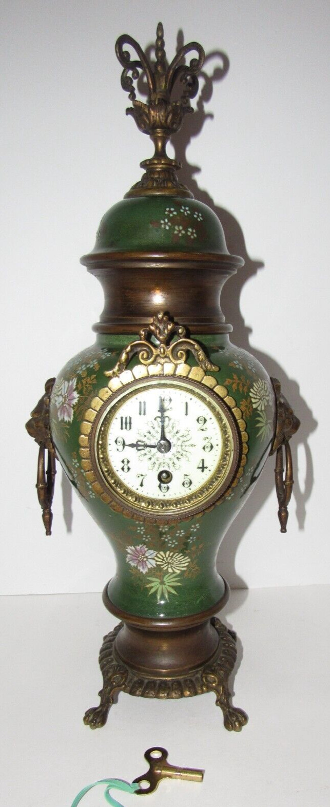 Antique French Victorian Porcelain & Brass Mantel Clock 8-Day Timepiece
