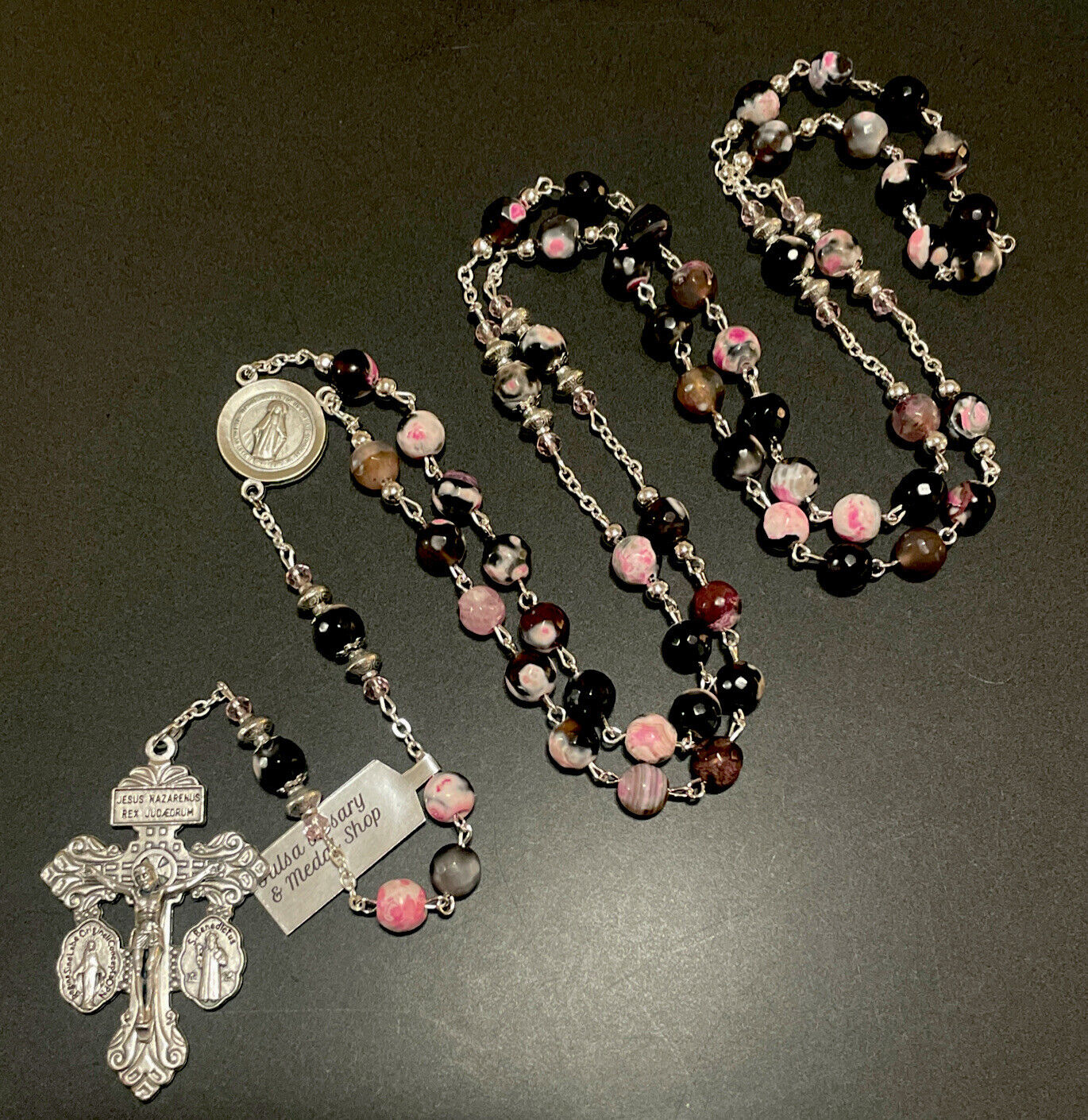 Semi Precious Pink Black Fire Agate Stone Rosary Creed Center Pardon Crucifix