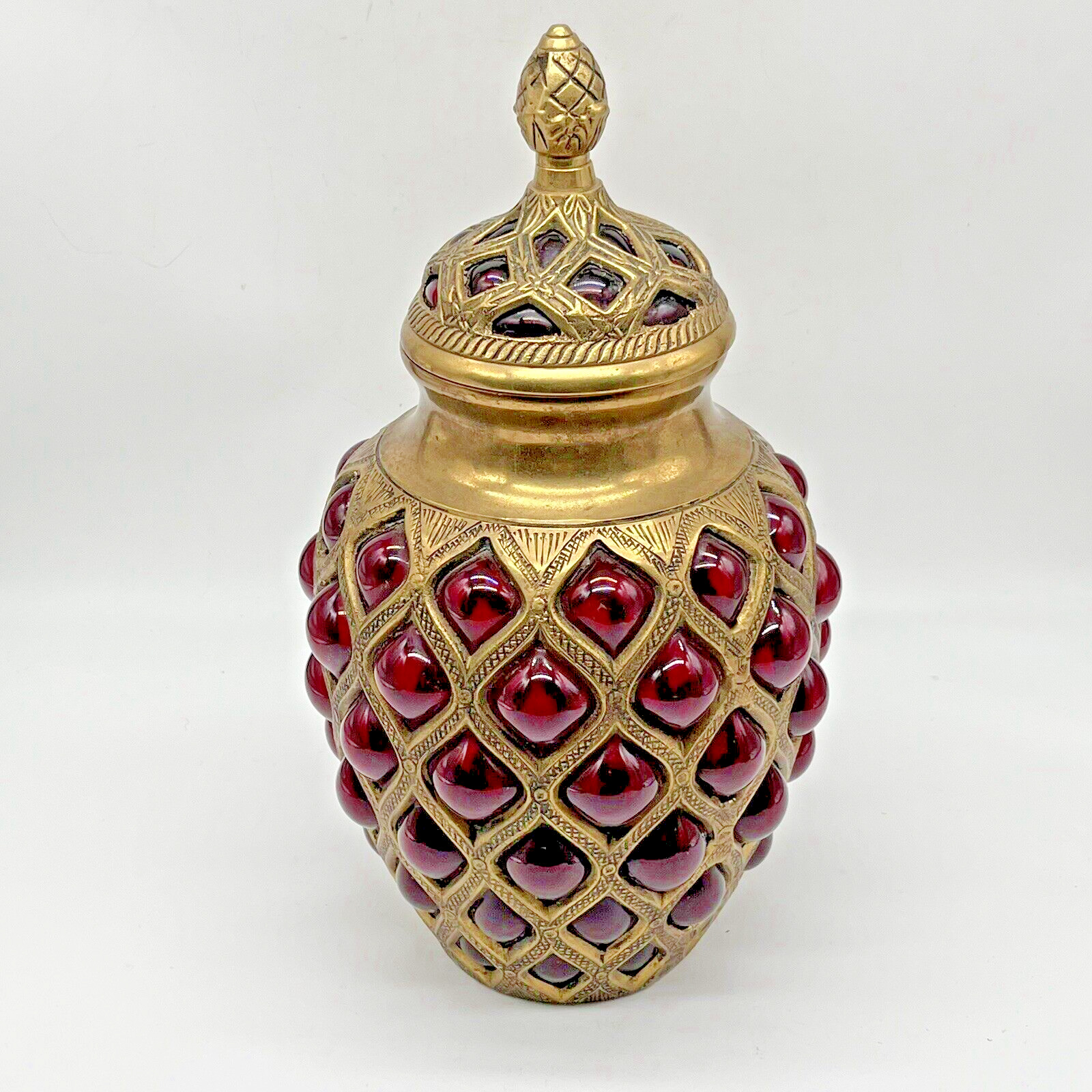 Vintage Baroque Brass Hand Blown Ruby Red Bubble Glass Lidded Apothecary Jar