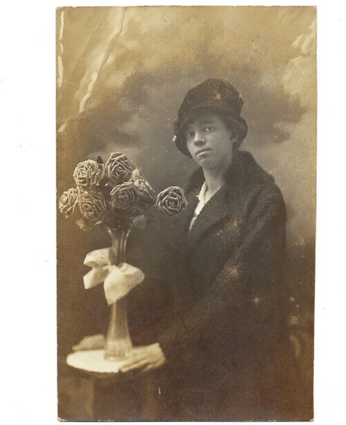 c.1900s Beautiful Lady With Vase Of Flowers RPPC Real Photo Postcard UNPOSTED