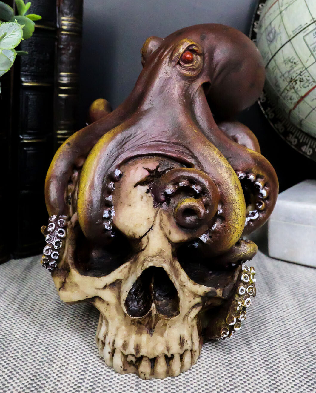 Sea Monster Red Eyed Octopus Wrapping Around Skull Statue 5.25\