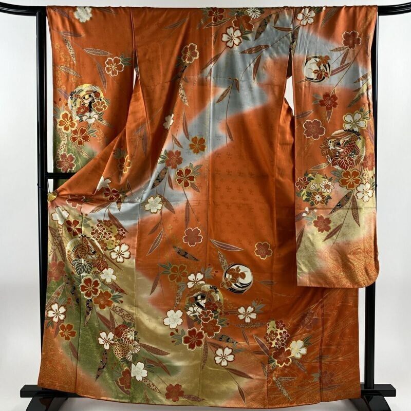 Japanese Kimono Furisode Pure Silk Cherry Blossom Gold Paint Orange Color Formal