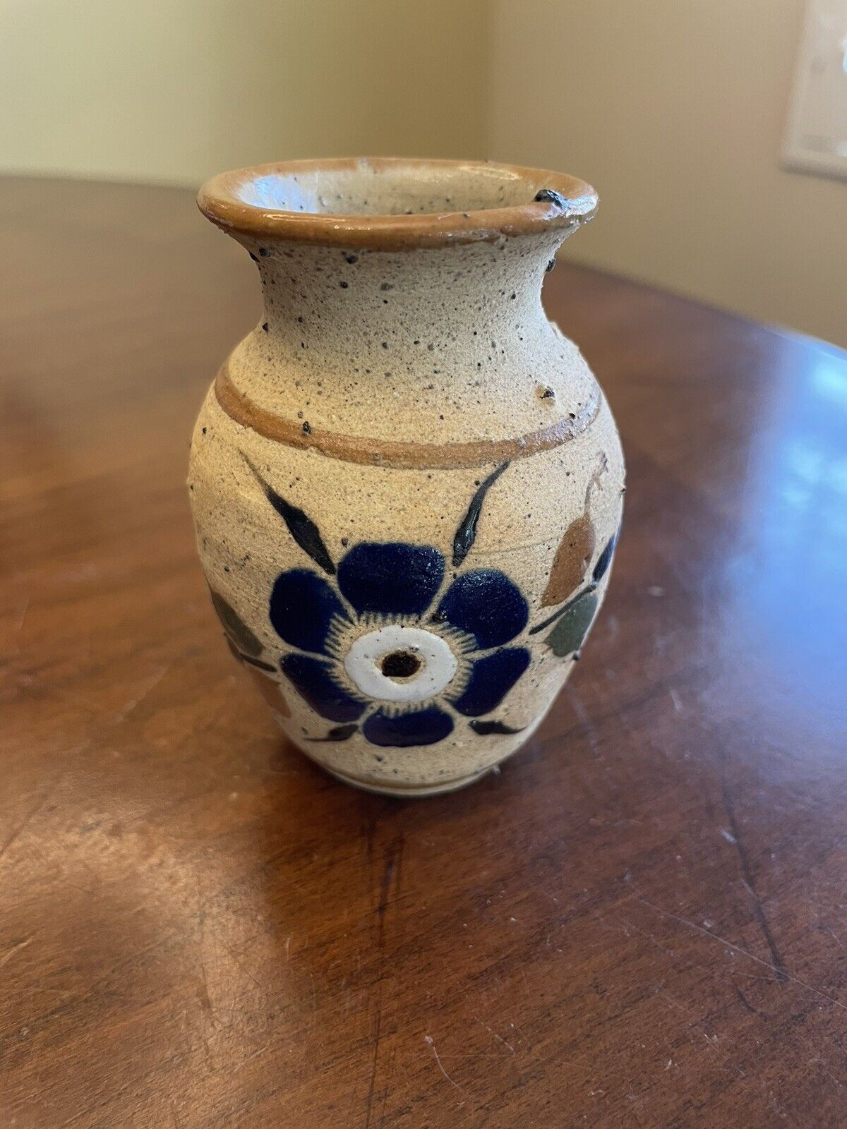Vtg Tonala Mexican Pottery Bud Vase Mexico Blue Flower 3.5” EUC