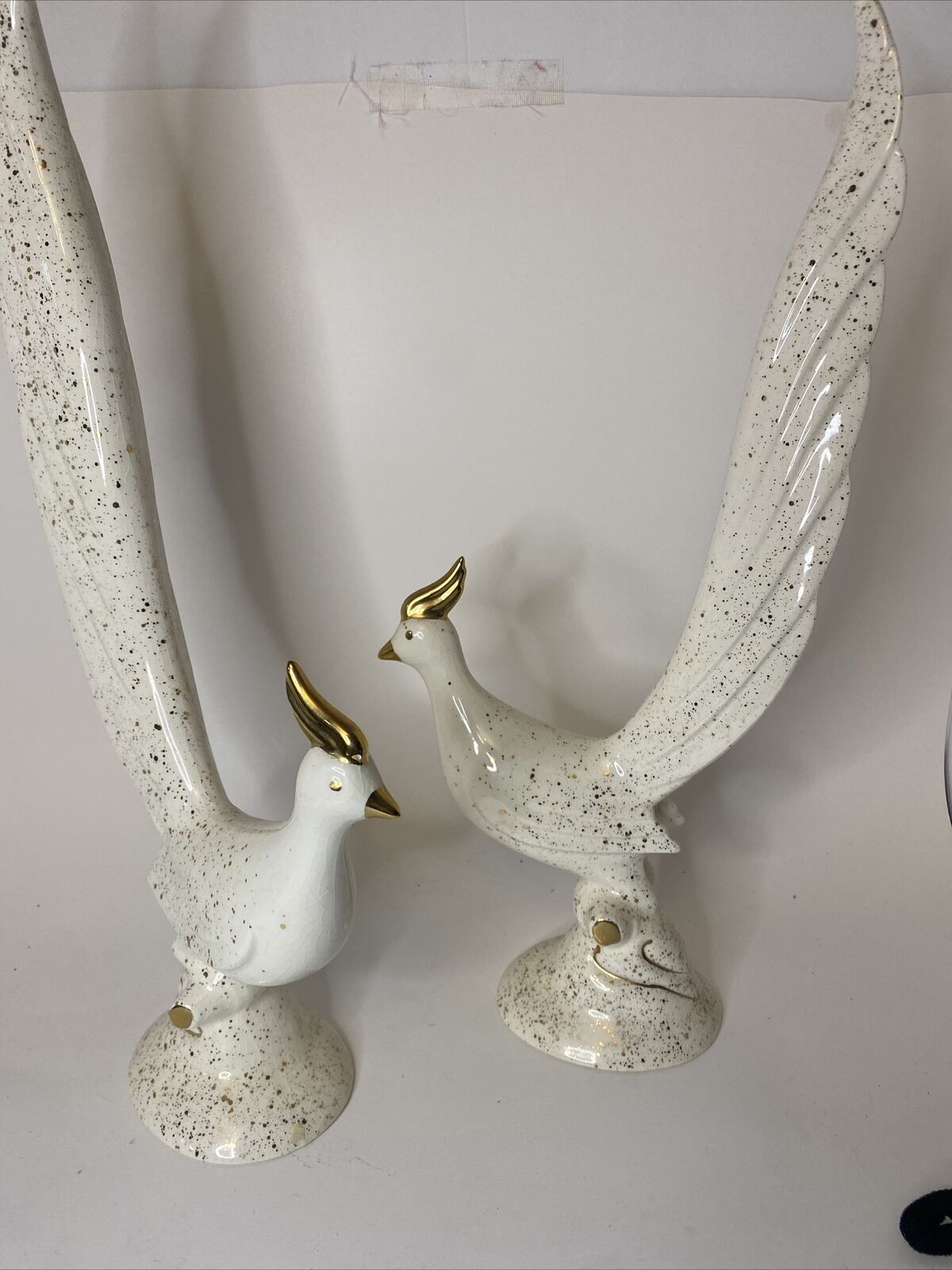 Mid Century California Pottery Speckled Ceramic White Gold Pheasant Figures tall