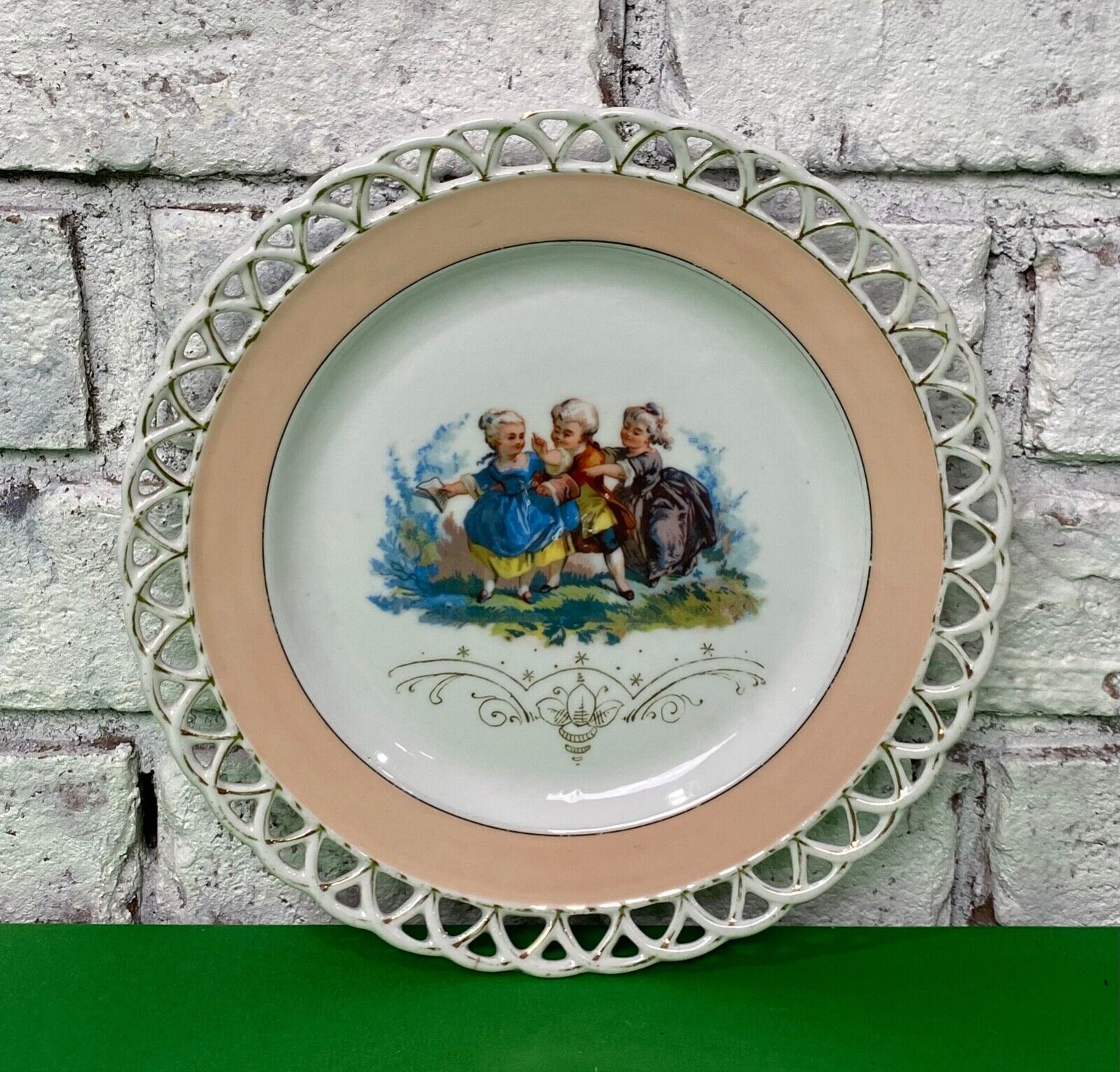 Vintage 8 in Pierced Porcelain Plate Victorian Children Playing Collectors Plate