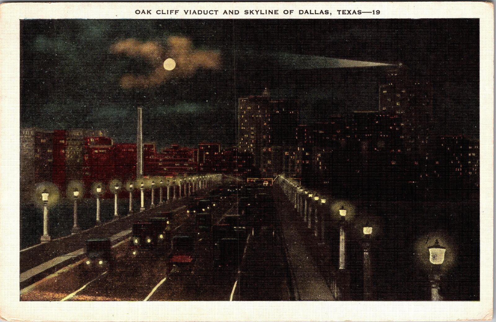 Dallas TX-Texas, Oak Cliff Viaduct By Moonlight, Period Cars Vintage Postcard