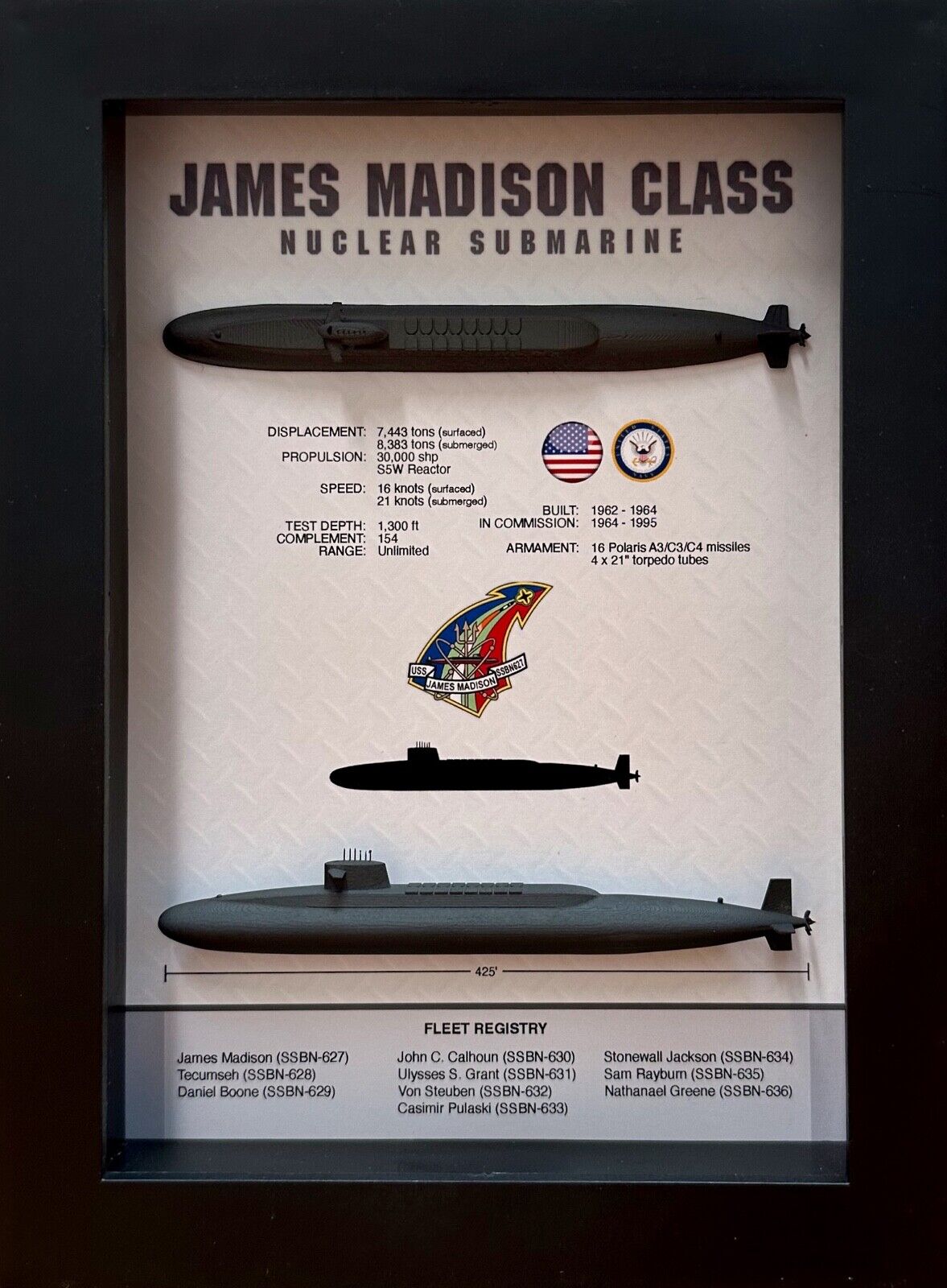 James Madison Class, Submarine Memorial Display Shadow Box, 5.75\