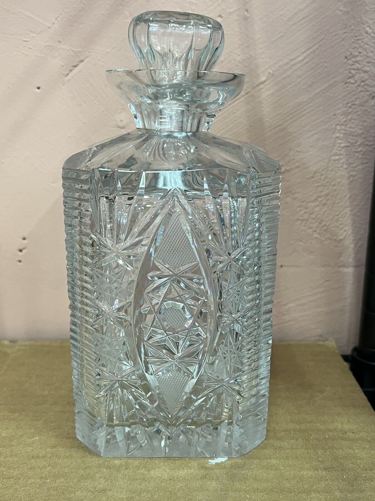 Vintage Heavy Cut Crystal Glass Square Cut  Liquor Decanter & Stopper.