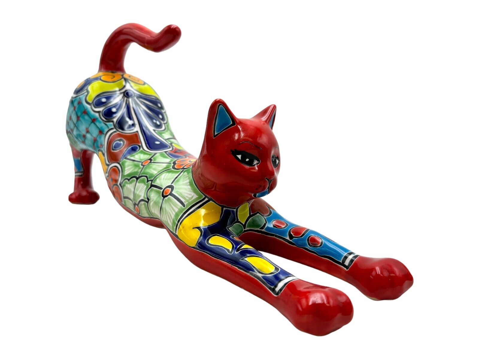 Talavera Cat Stretching Cute Folk Art Mexican Pottery Hand Painted Length 17.25\