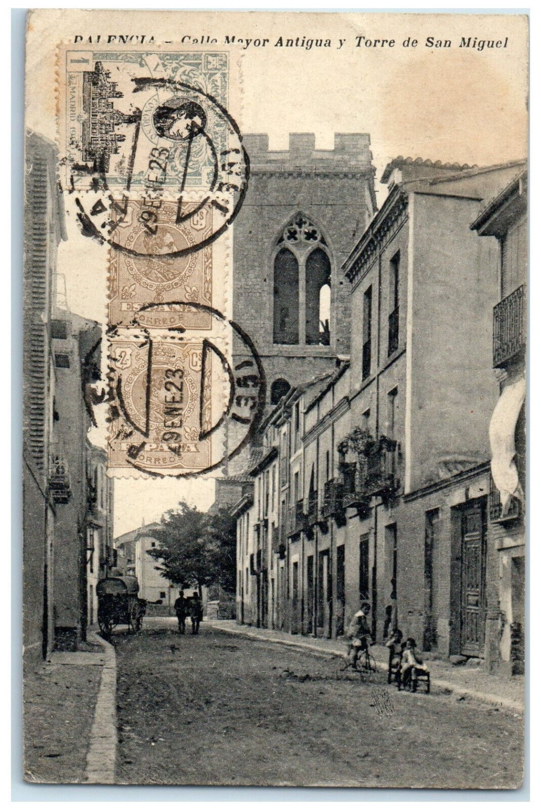 1923 Old Main Street and Tower of San Miguel Palencia Spain Postcard