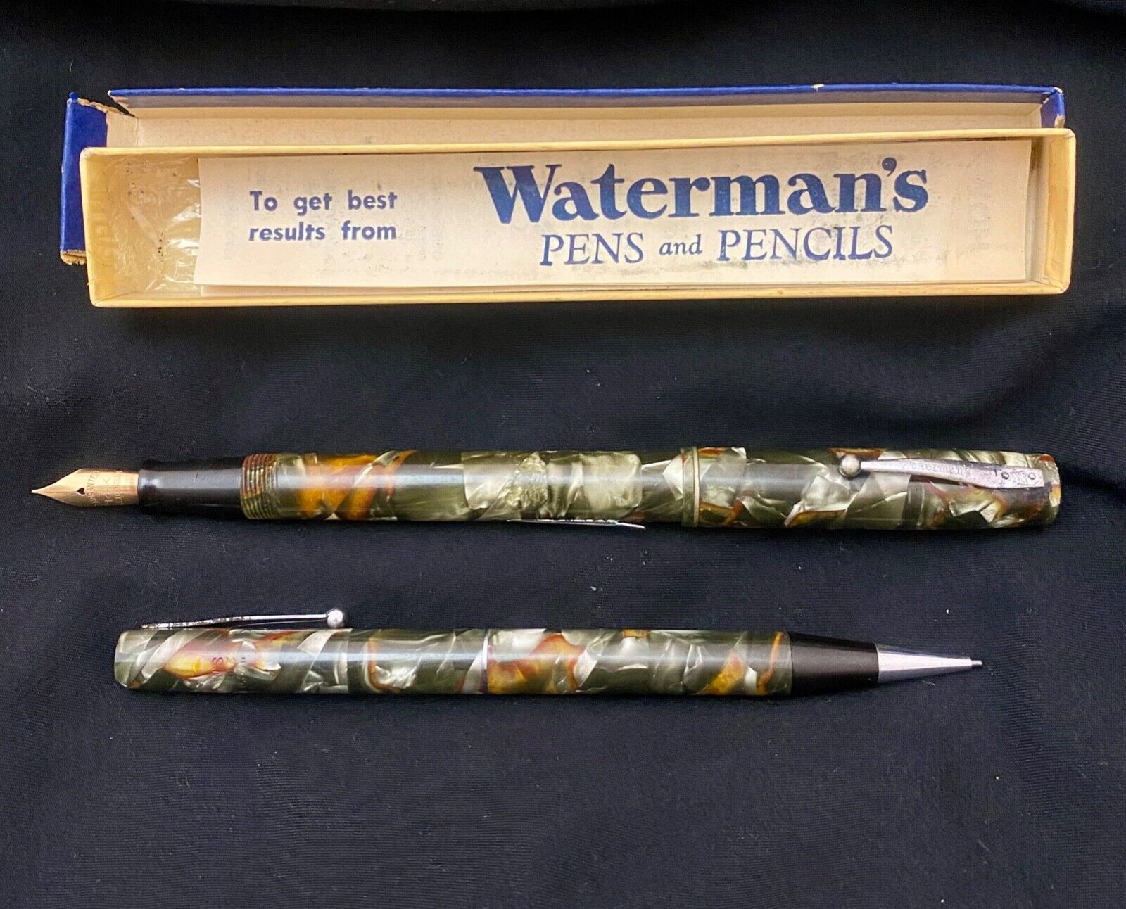 VINTAGE WATERMAN'S CELLULOID FOUNTAIN PEN AND PENCIL SET
