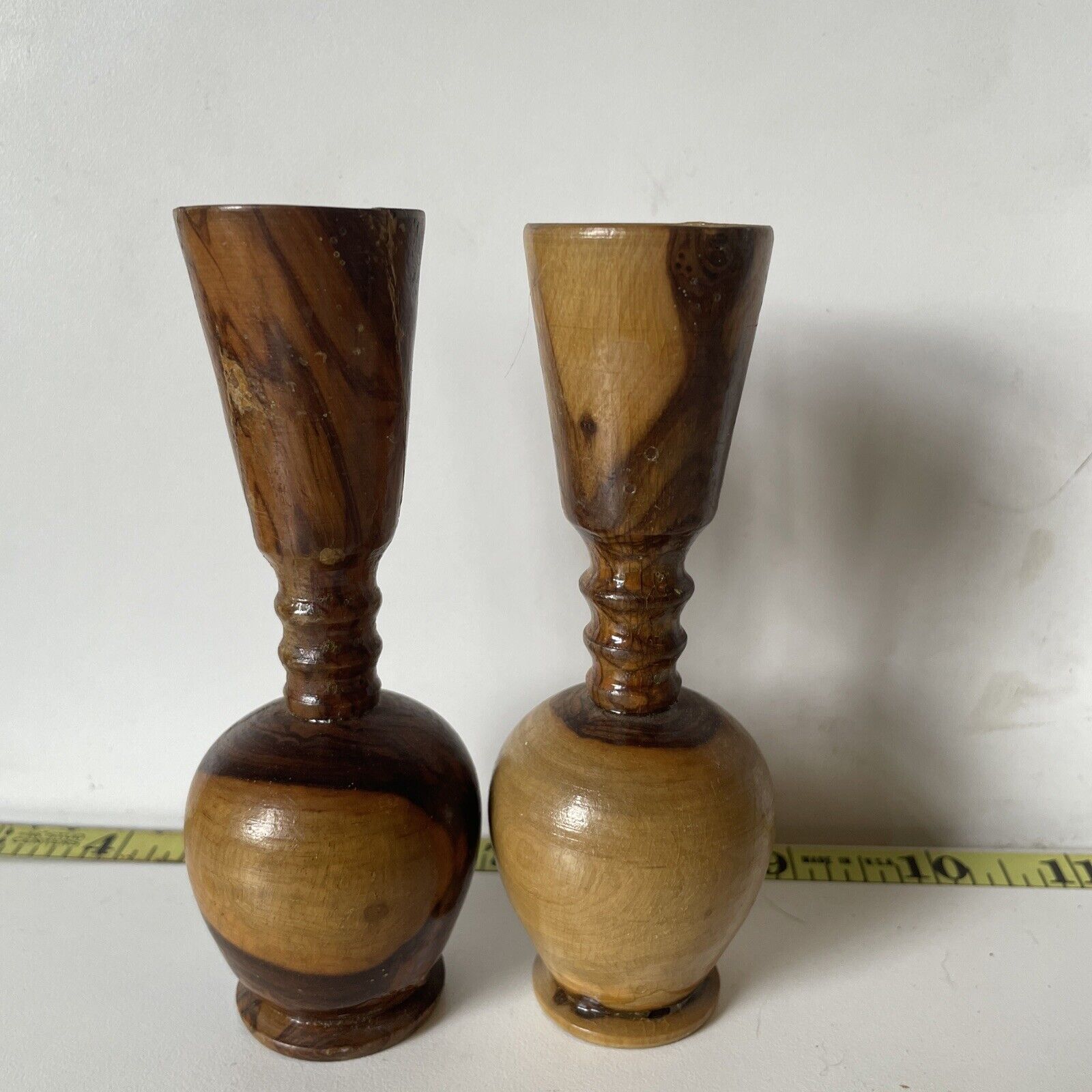 Pair Of Wood Carved Vintage Mini Vase (5in) Nature Decor