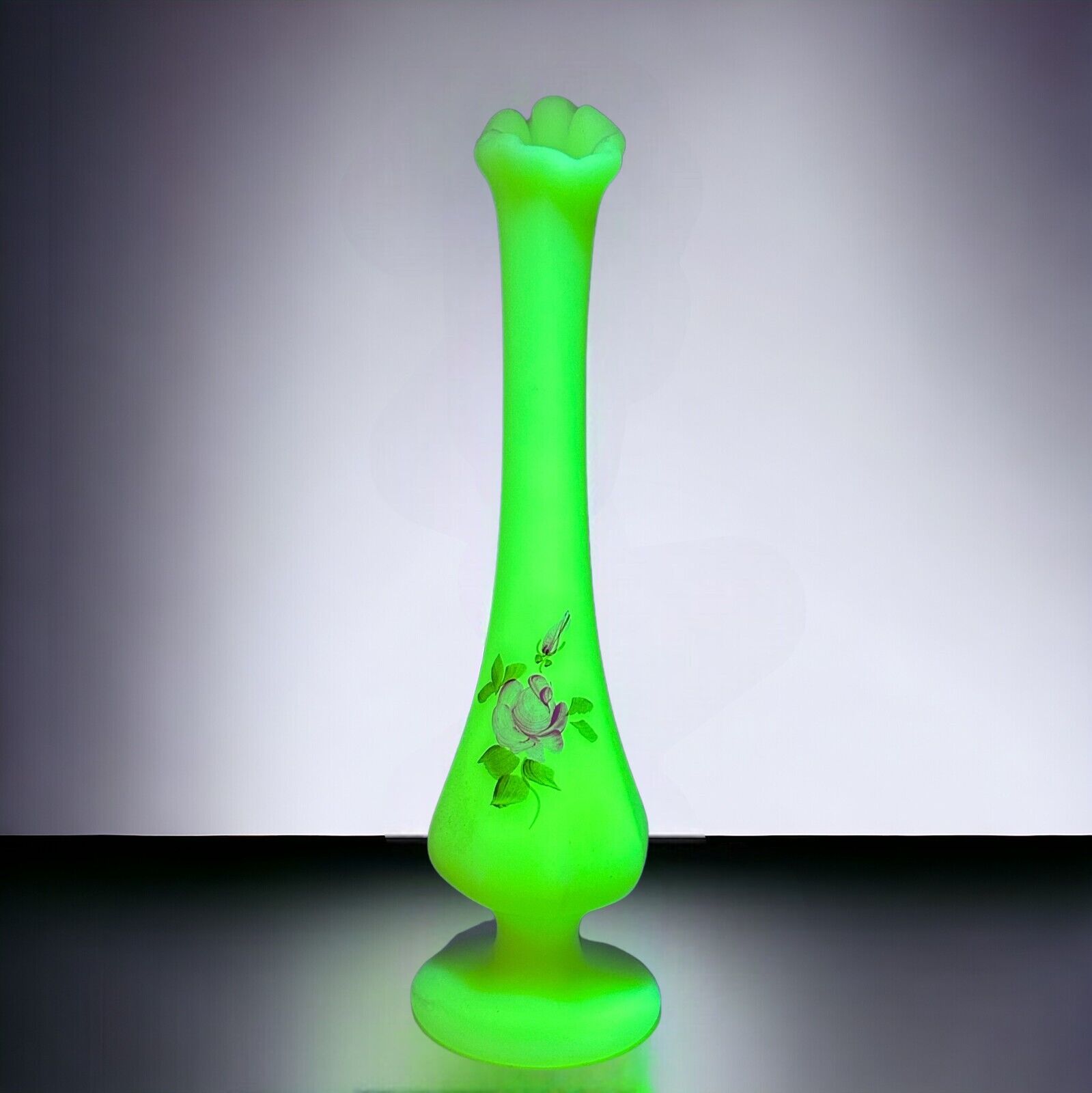 Fenton Uranium Glass Single Flower Bud Vase C. Evans Pink Flowers Signed