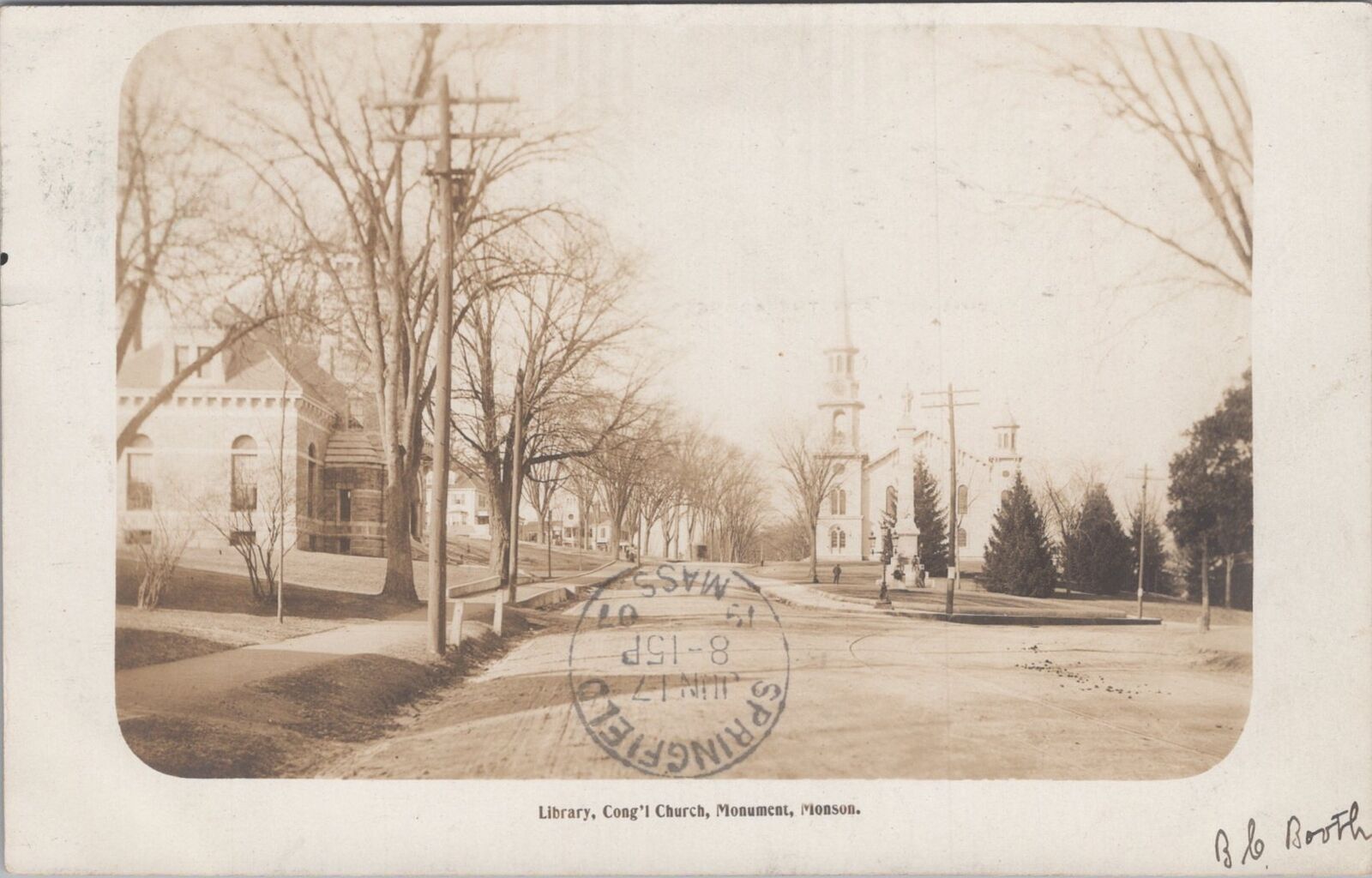 Library Congregational Church Monument Monson Street View 1907 RPPC Postcard