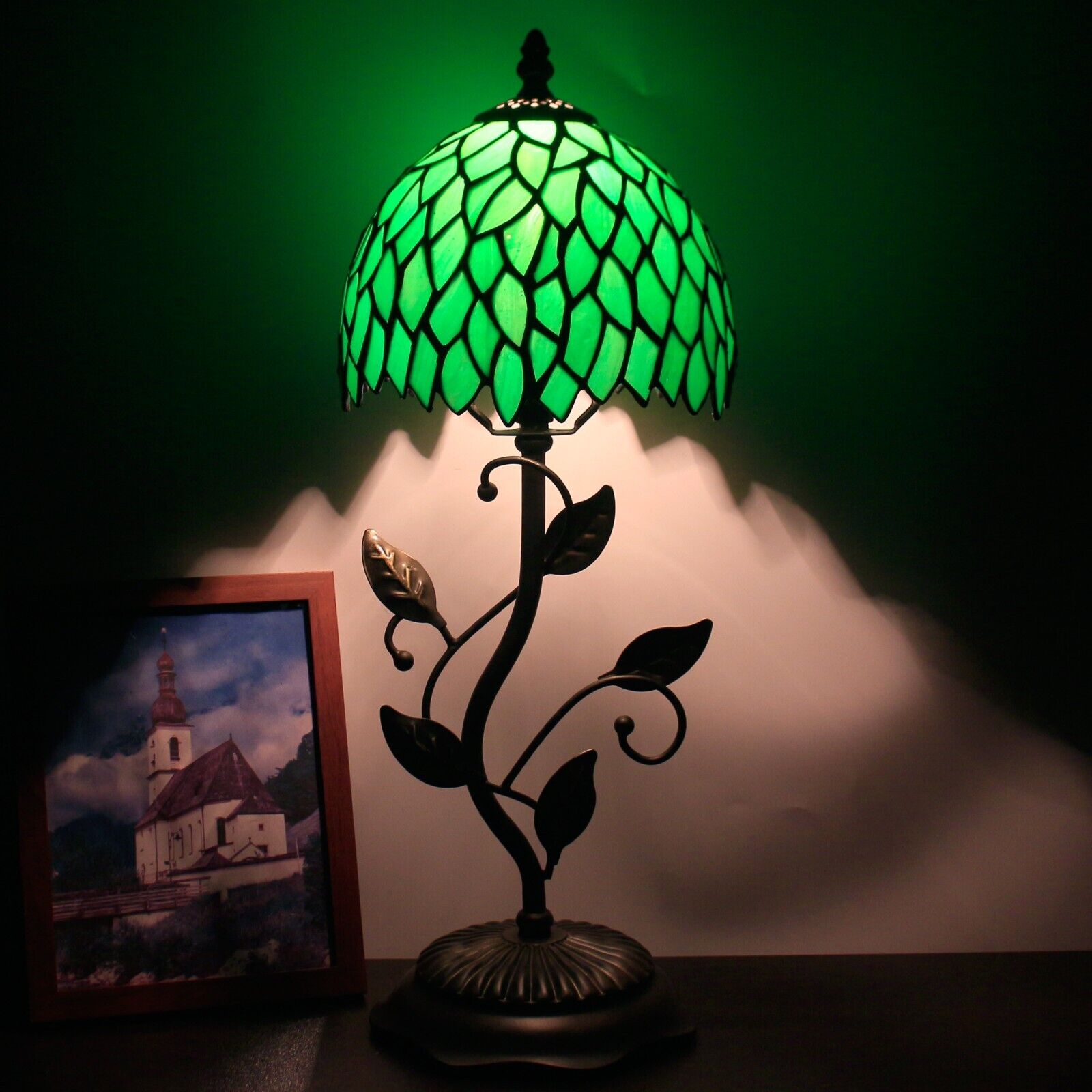 Small Tiffany Table Lamp Green Wisteria Style Stained Glass Desk Ligh 8 inch